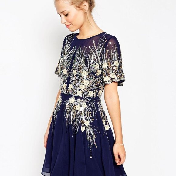 ASOS Gold and Navy Sparkle Mesh Skater Dress - Picture 6 of 8